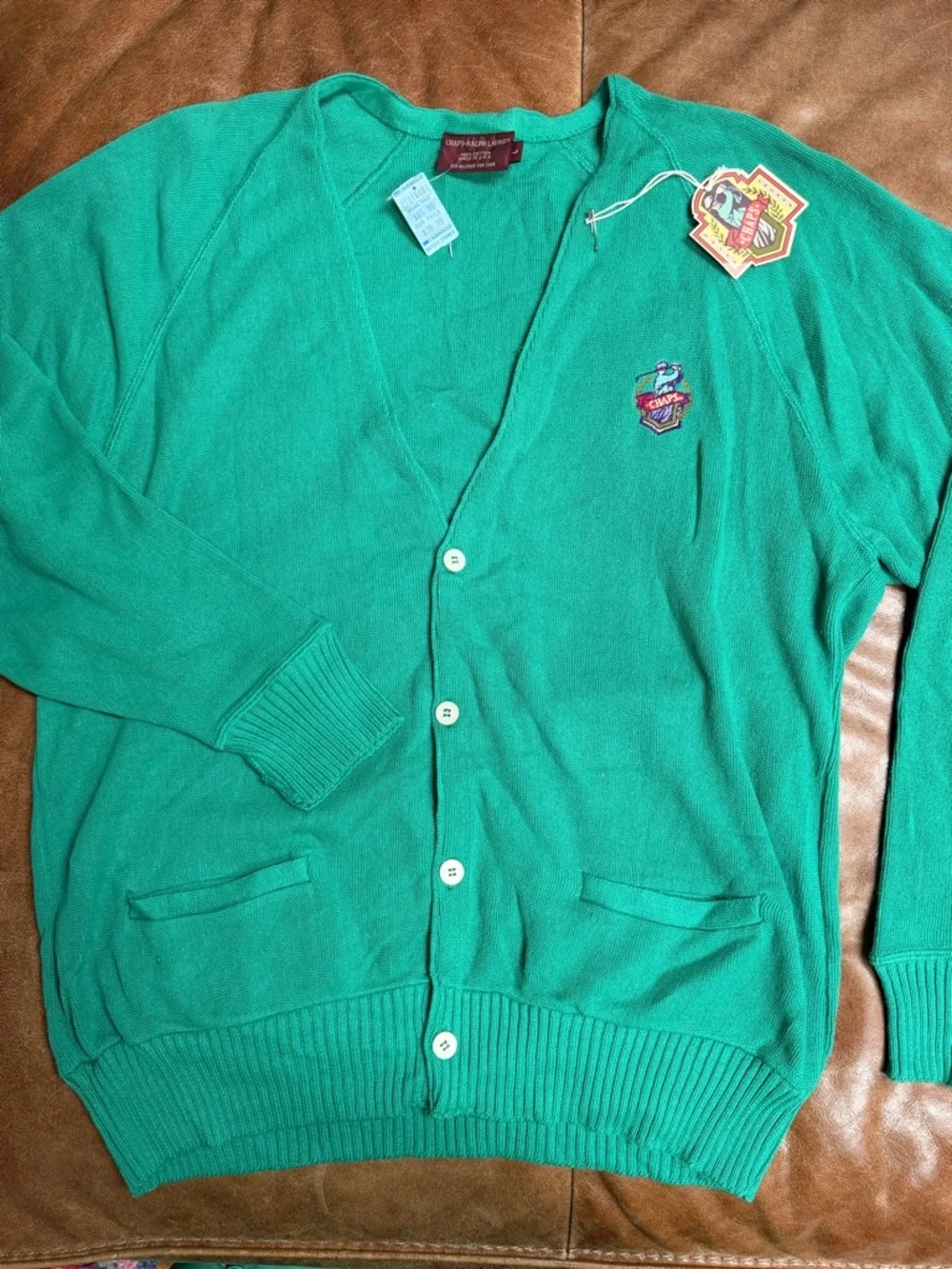 Vintage Chaps Ralph Lauren Sweater Size L 80s Green Cotton Cardigan Made USA NWT